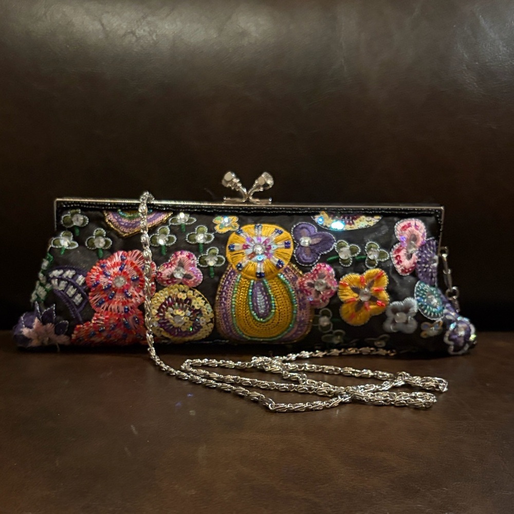 Aldo Black Floral Embroidered Clutch with Silver Chain- Vintage